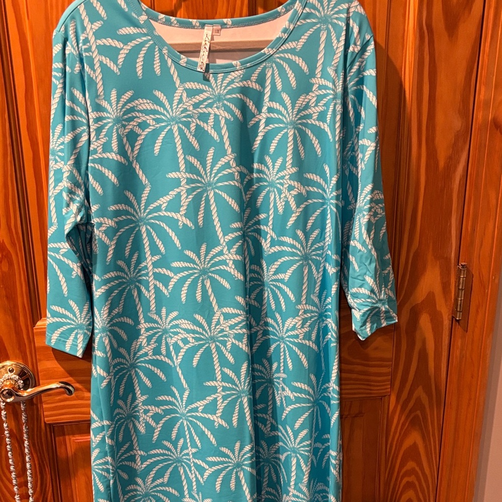 Lulu-B Teal and White Leaf Pattern Dress
